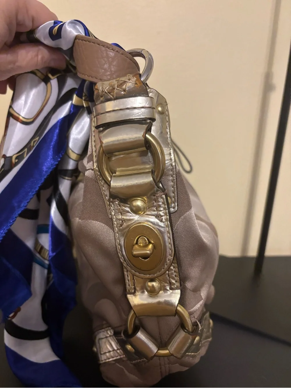 Coach Carly Brown Signature Hobo Bag with Blue Accent Scarf. 2008